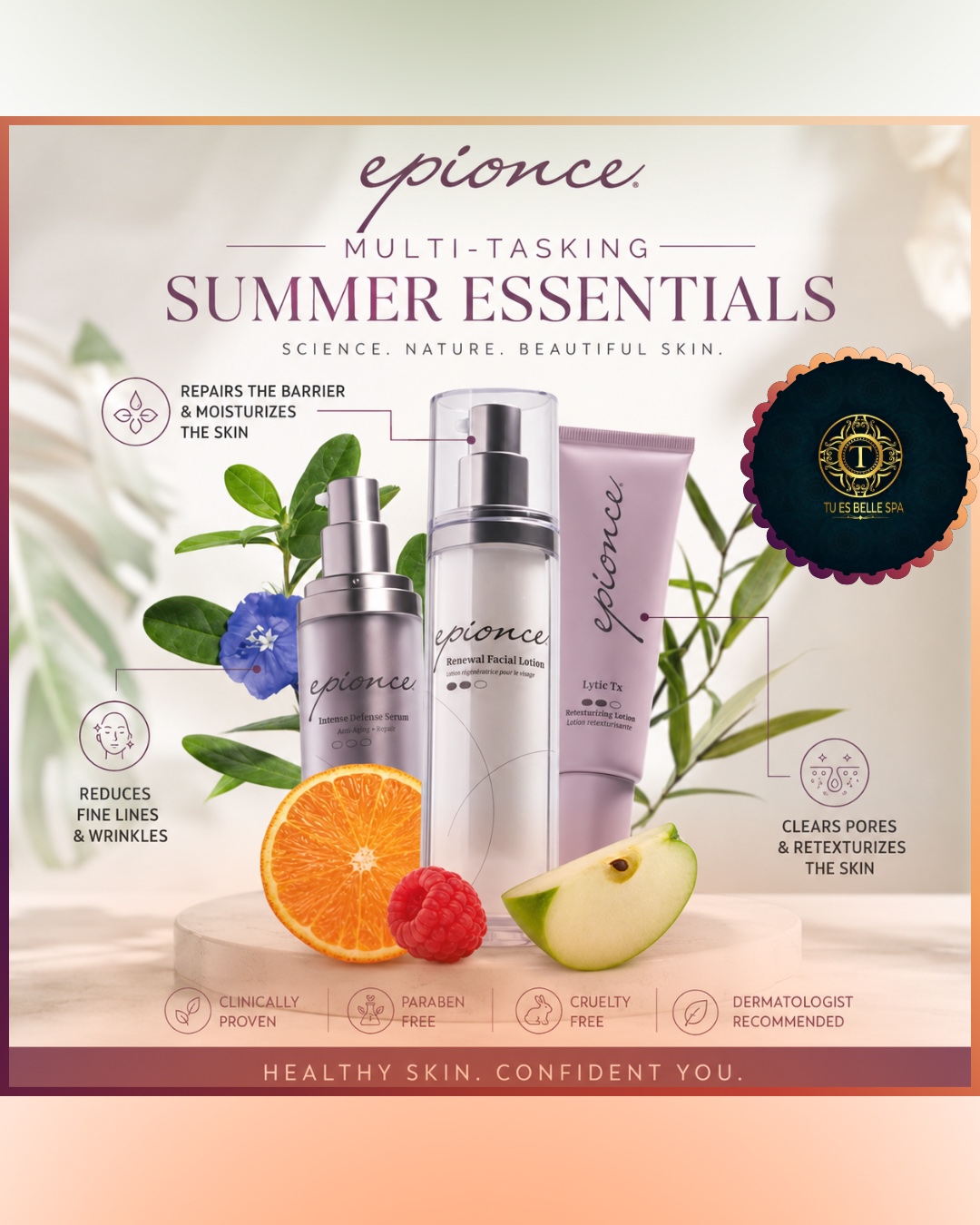 Epionce Summer Essentials skincare products including Intense Defense Serum, Renewal Facial Lotion, and Lytic Tx at Tu Es Belle Spa Houston