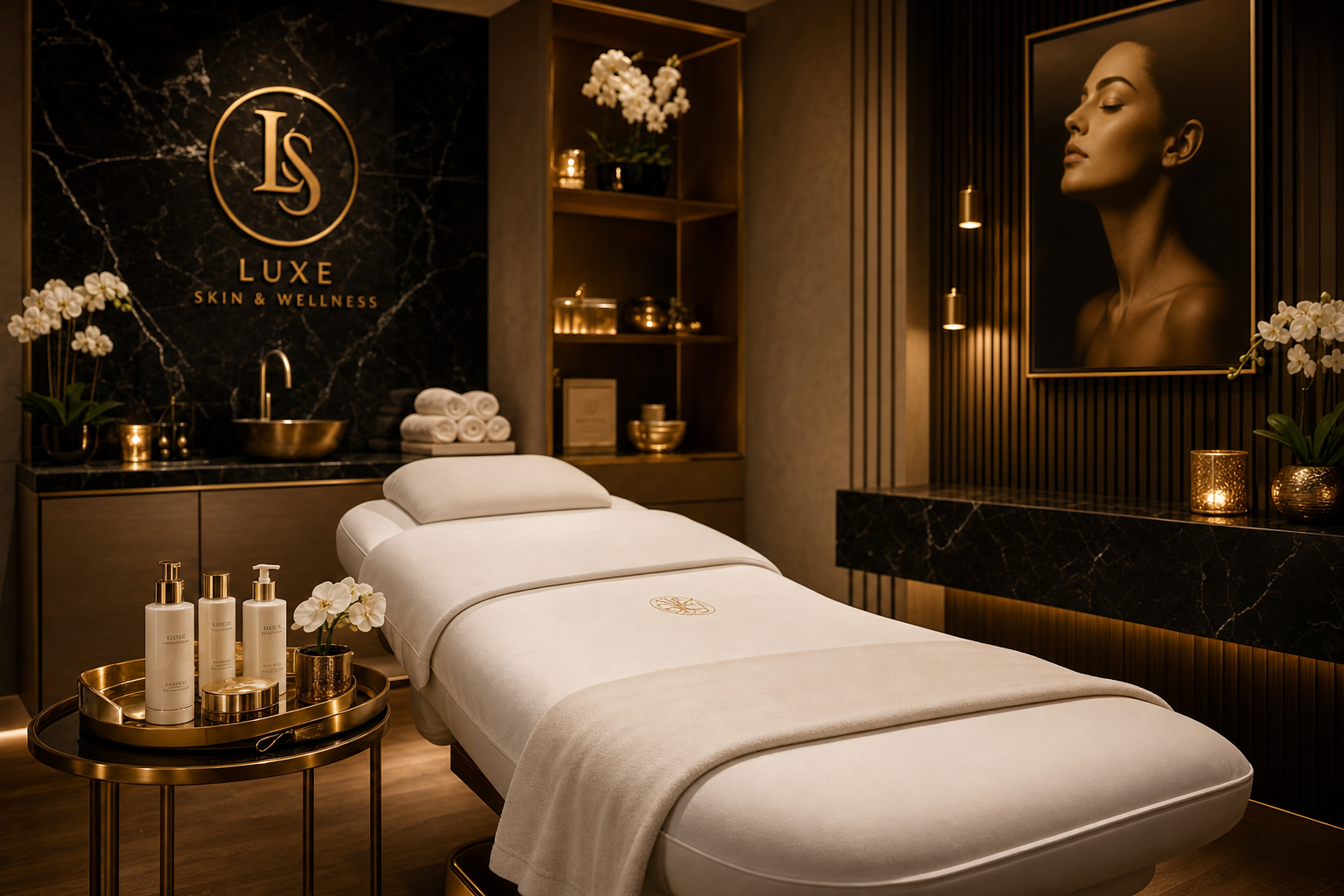 Tu Es Belle Spa Houston medical spa treatment room with gold accents
