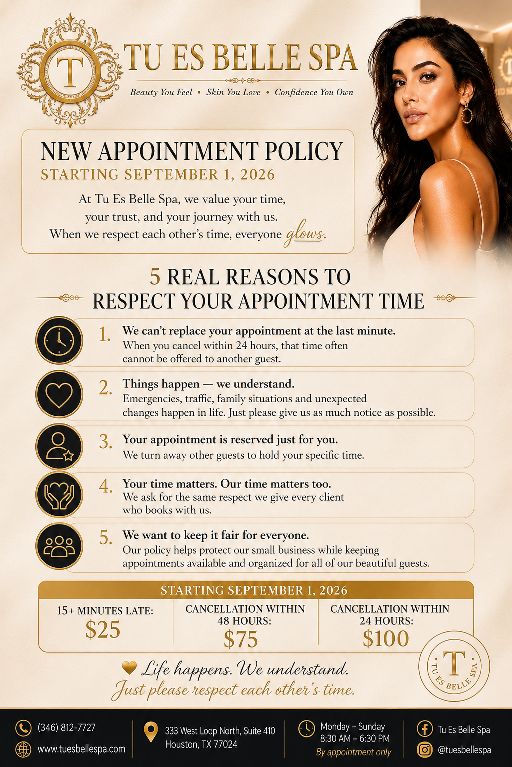 Tu Es Belle Spa appointment policy flyer, effective September 1, 2026