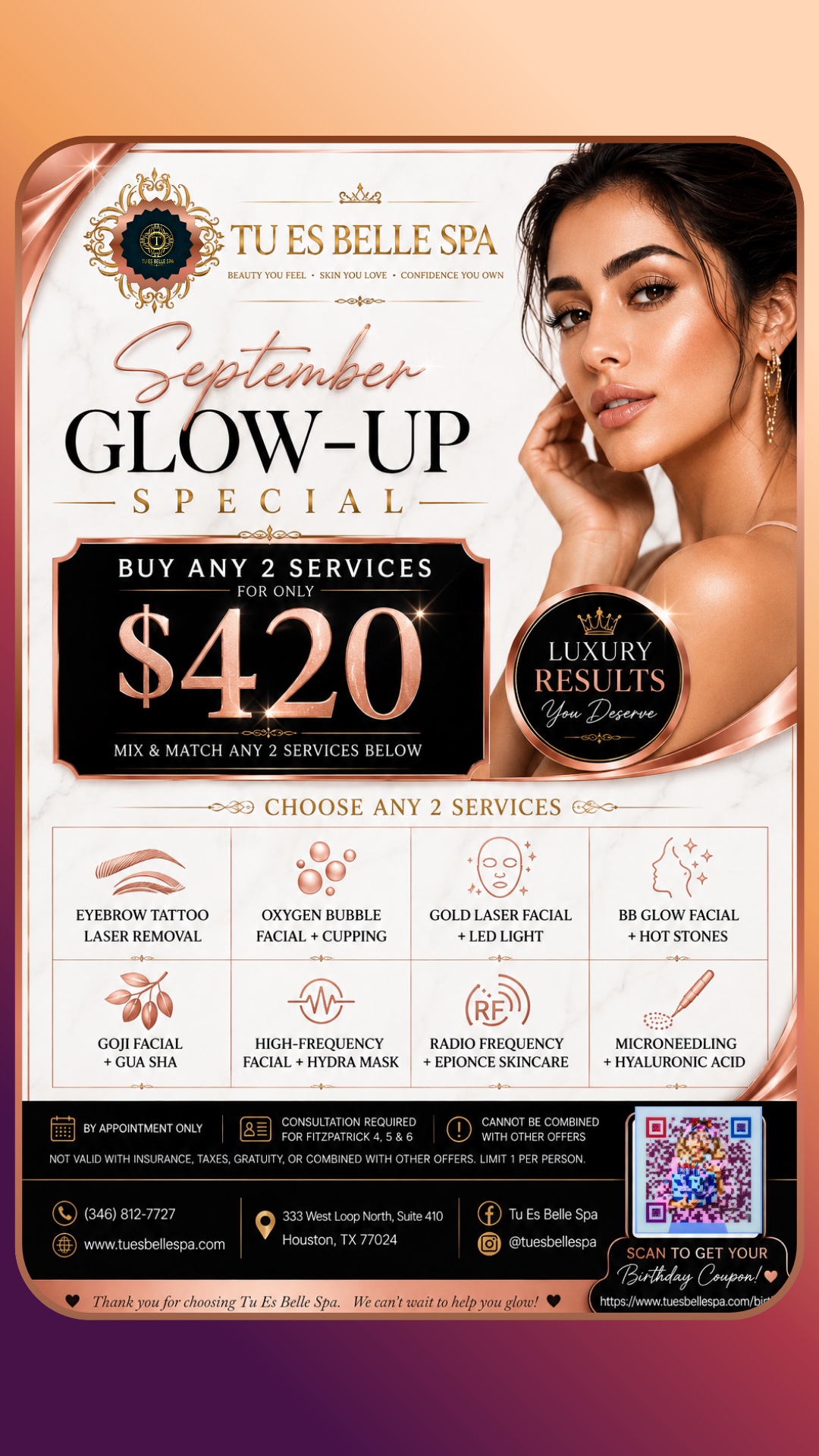 Tu Es Belle Spa September Glow-Up Package $420 flyer showing eight treatment options in Houston TX